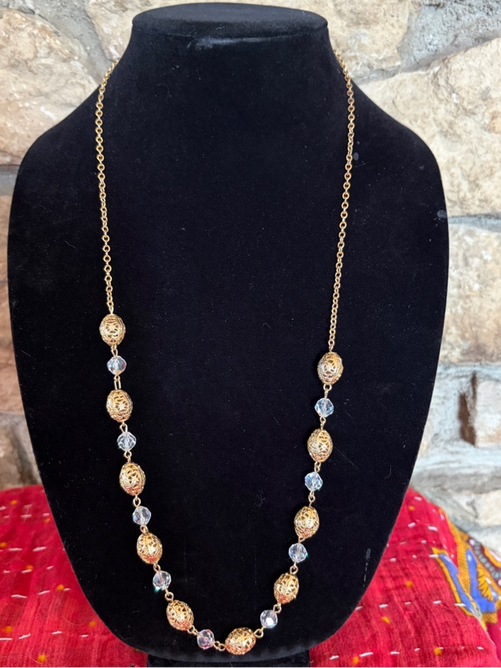 Vintage 1960s 1970s Sarah Coventry Gold Filigree Bead Necklace w Crystal Accents